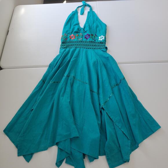 Fairy Boho Halter Dress Womens Small Teal Embroidered Crochet Handkerchief Hem - Picture 1 of 10